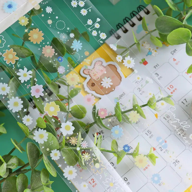 Midsummer Daisy colour decorative adhesive tape on transparent PET polyester base, 1.5cm width