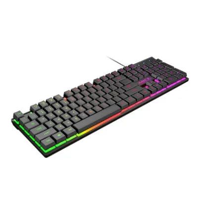 Black USB wired gaming keyboard with luminous backlit keys on a desk.
