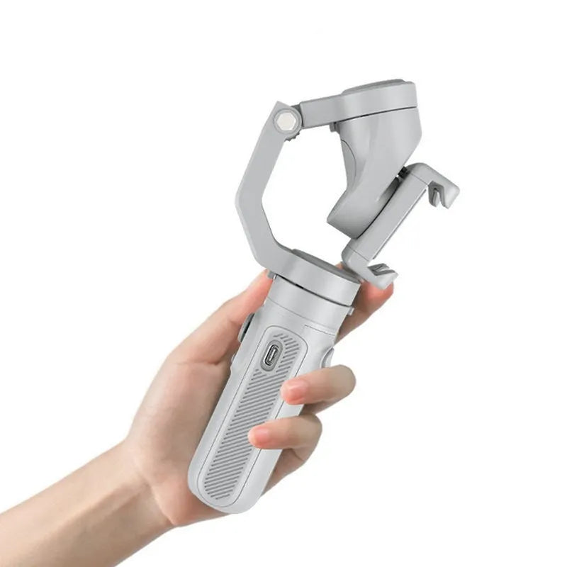 Handheld three-axis Bluetooth phone stabiliser with foldable ABS glass fibre body and tripod
