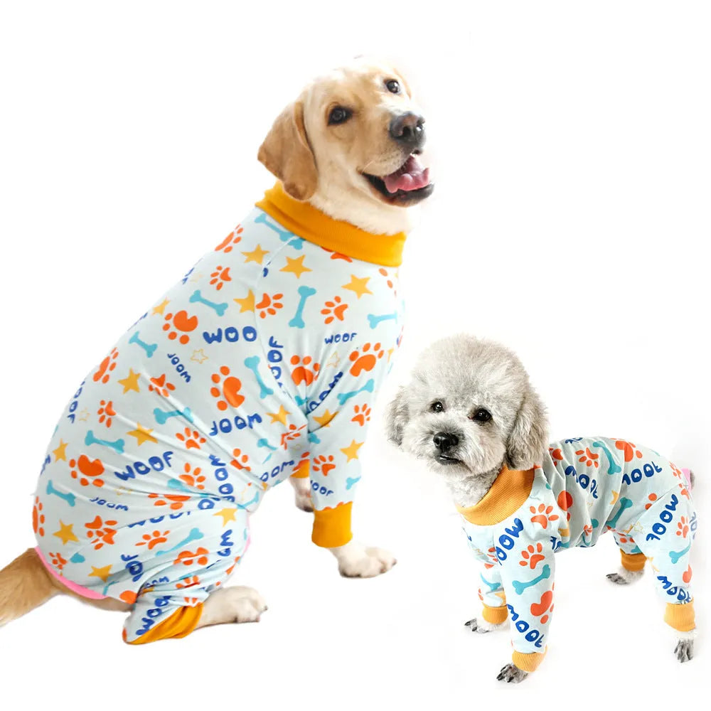 Cotton dog jumpsuit pet clothing in four-legged design showing size options 26-38cm