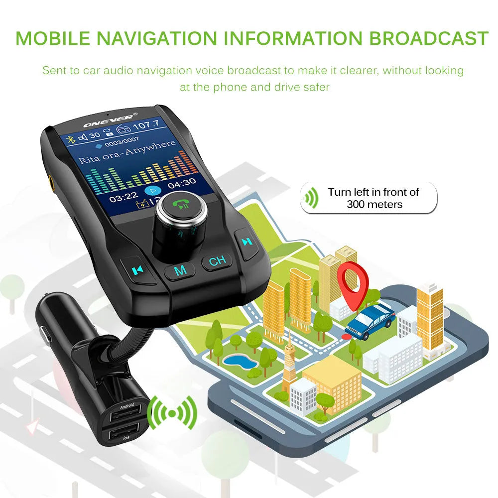 Black car FM transmitter with Bluetooth and a colour screen, showing dual USB ports and a flexible hose.