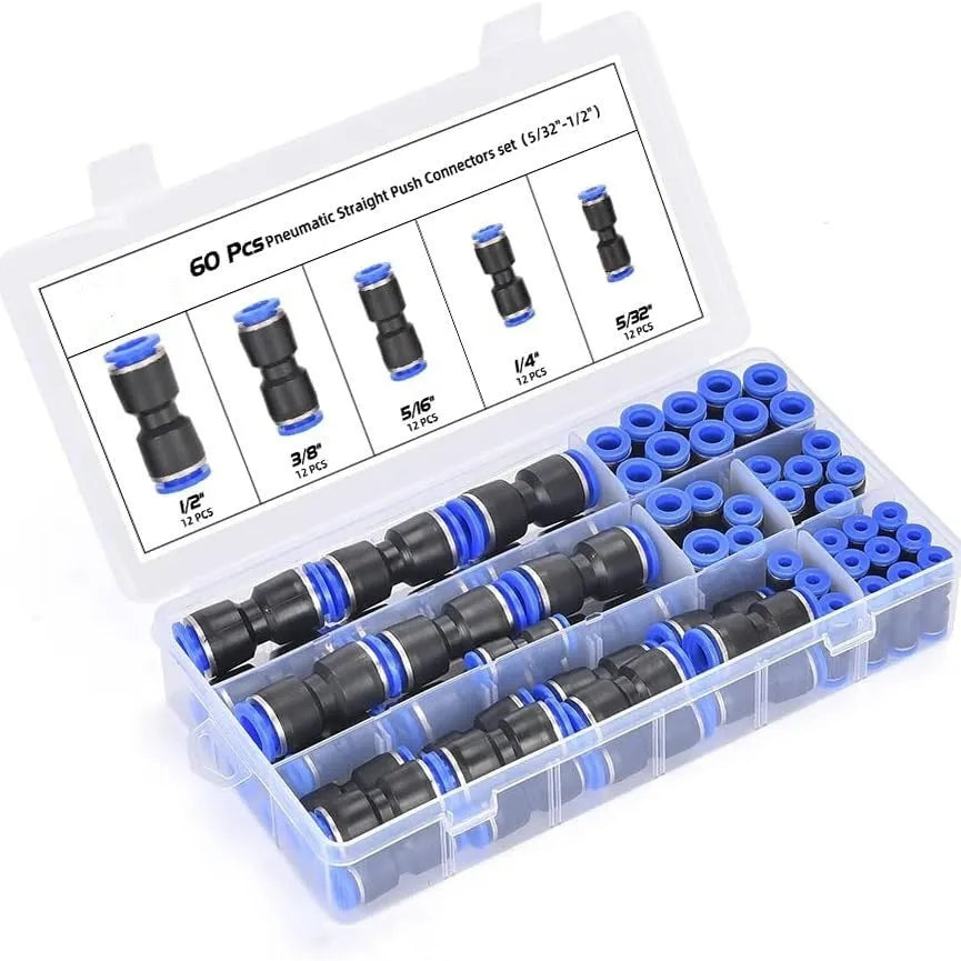 60-piece pneumatic push-in connector kit with alloy plastic R1/4 and R1/2 inch fittings