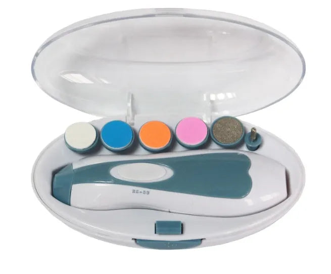 Blue and pink baby electric nail polisher file for infants and toddlers aged 0-3 years.
