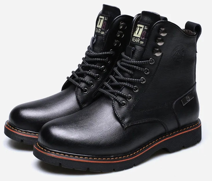 Men's black leather Martin boots with embossed cow split leather, mid-calf, front strap, thick heel, waterproof platform