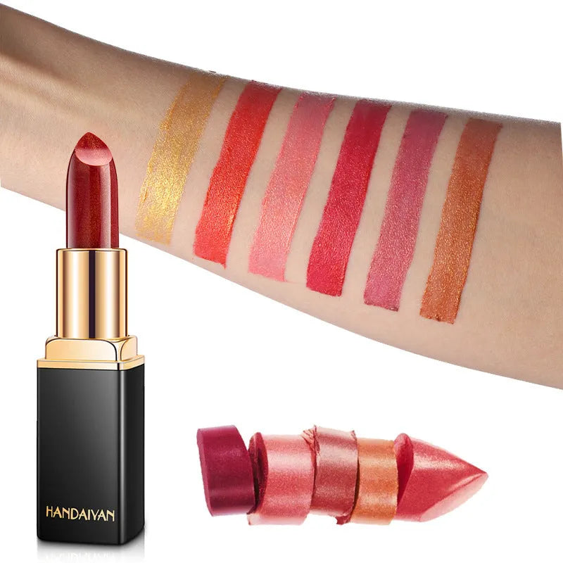 Pearlescent thermochromic lipstick in a standard bullet format with colour-shifting finish, available in nine shades
