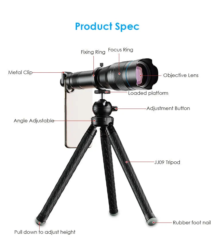 APEXEL black mobile telephoto lens with 36x magnification for smartphone photography