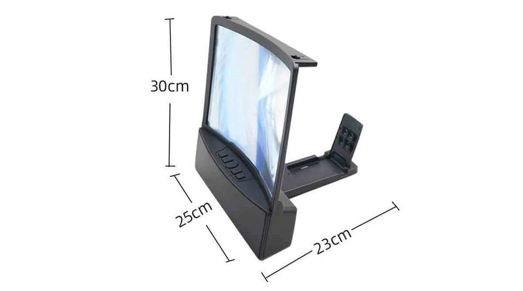10 inch curved acrylic mobile phone screen magnifier with black ABS shell and integrated Bluetooth speaker, set on a table with a phone inside