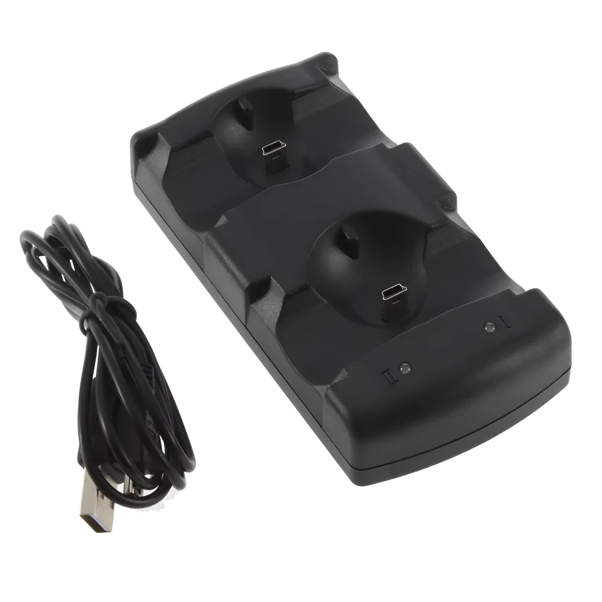 Black PS3 dual USB charging dock for two PlayStation 3 wireless controllers.