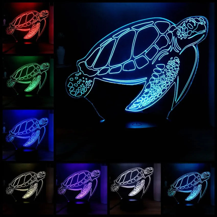 3D transparent acrylic turtle-shaped LED night light glowing with coloured light.