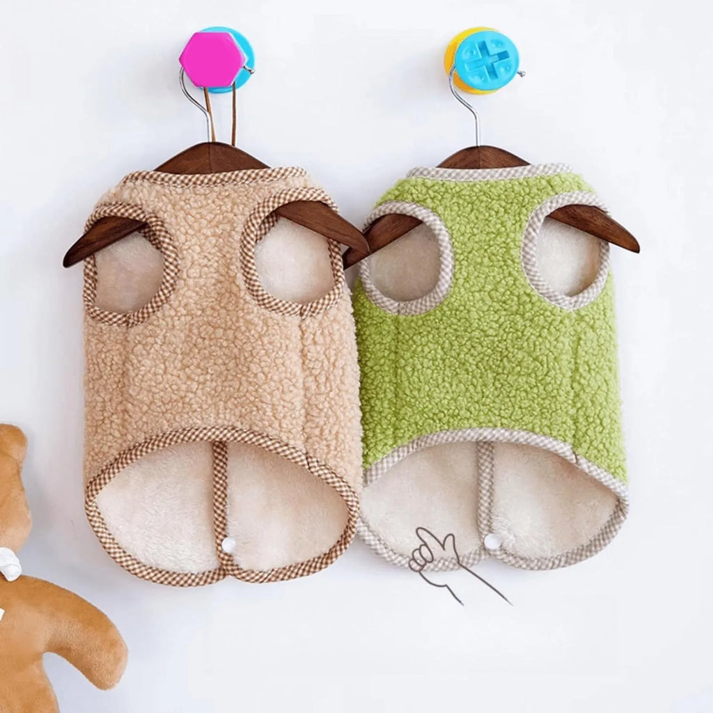 Green coral fleece dog sweatshirt vest on a small dog, showing the collar leash ring.