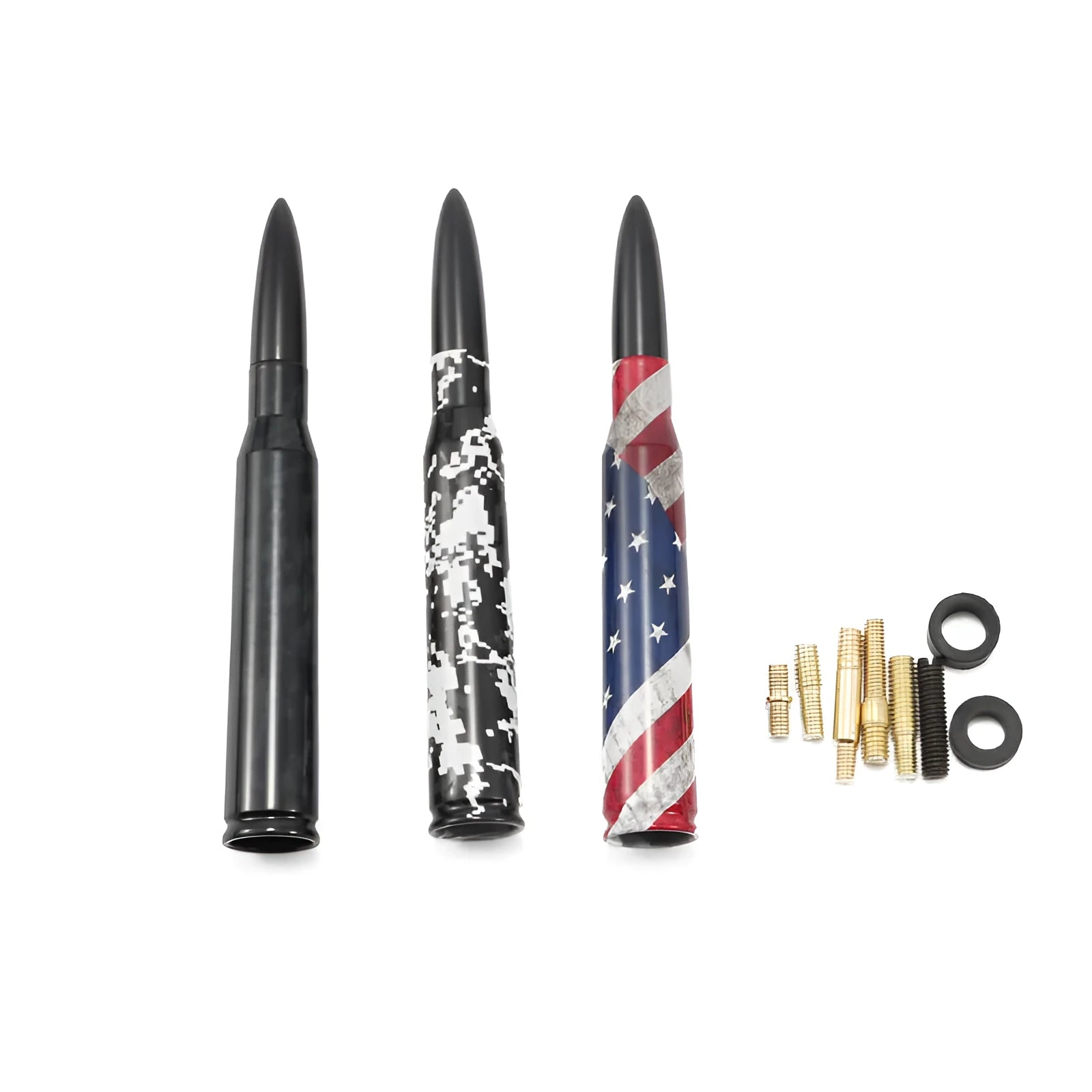 Universal 14cm car antenna shown in colour black, camouflage green, and American flag designs