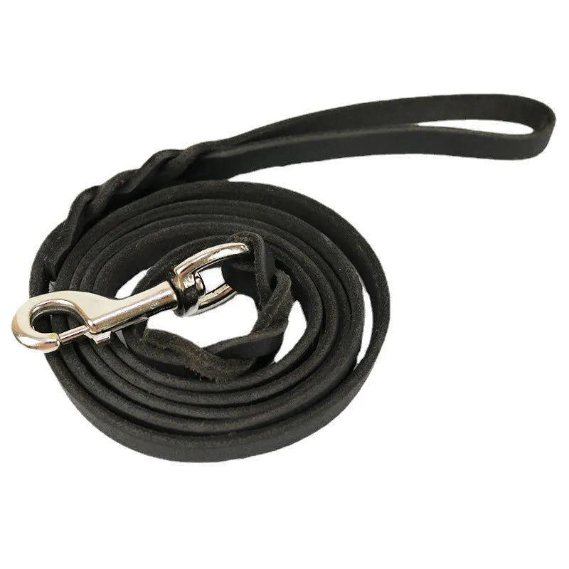 Cowhide leather dog walking rope in light brown or black, showing thickened 1.2cm width and length options for large breeds