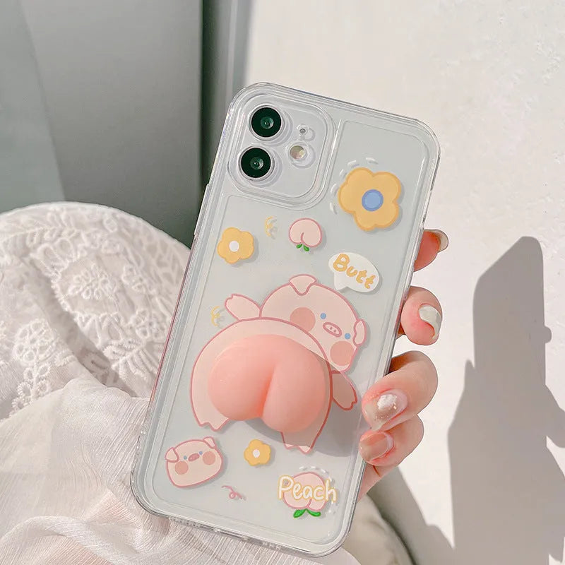 iPhone silicone case with 3D cartoon pig butt design on transparent TPU back