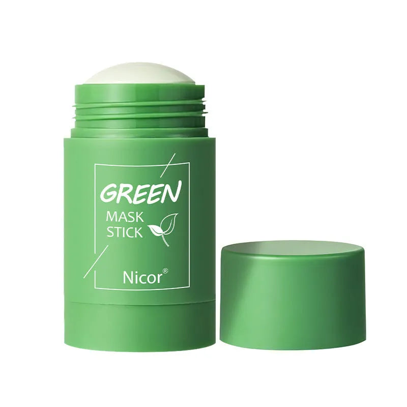 Green tea and eggplant solid clay mask sticks in 40g format for facial skin care.