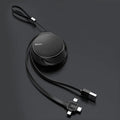 Telescopic three-in-one charging cable extended to 1 metre showing USB-C, Micro USB, and Lightning connectors