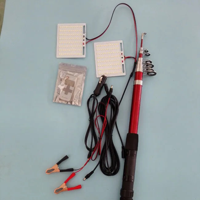LED fishing rod light with telescopic pole extended, showing white LED array and remote control