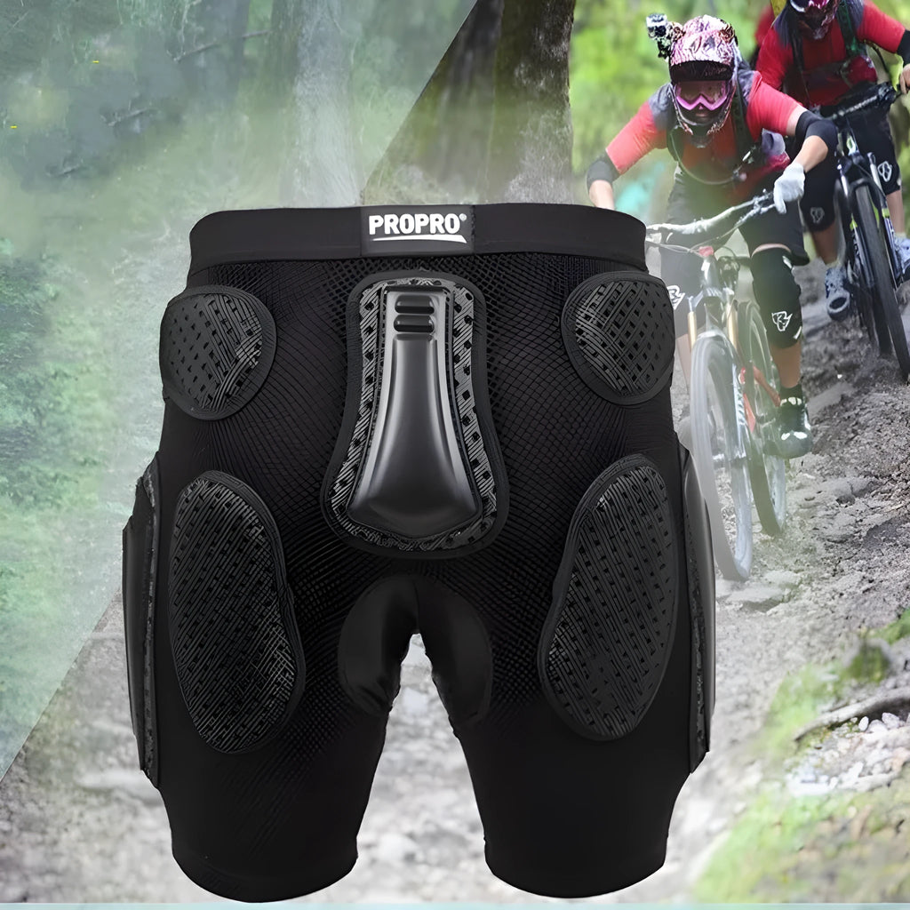 Black multifunctional cycling hip protection pants shown in size L, featuring integrated hip pad.
