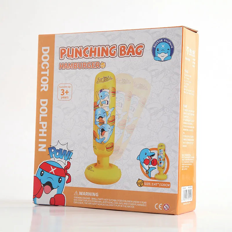Yellow inflatable boxing column with hamburger print design standing upright.