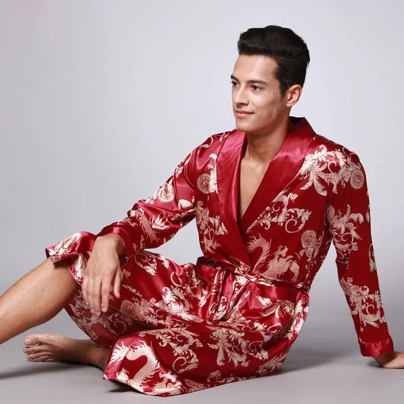 Men's silk robe in Dragon style with V-neck and long sleeves, available in multiple colours and sizes