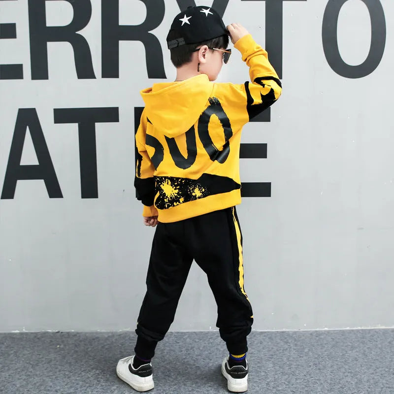 Boy's black and yellow hooded cotton sports suit two-piece tracksuit Korean style
