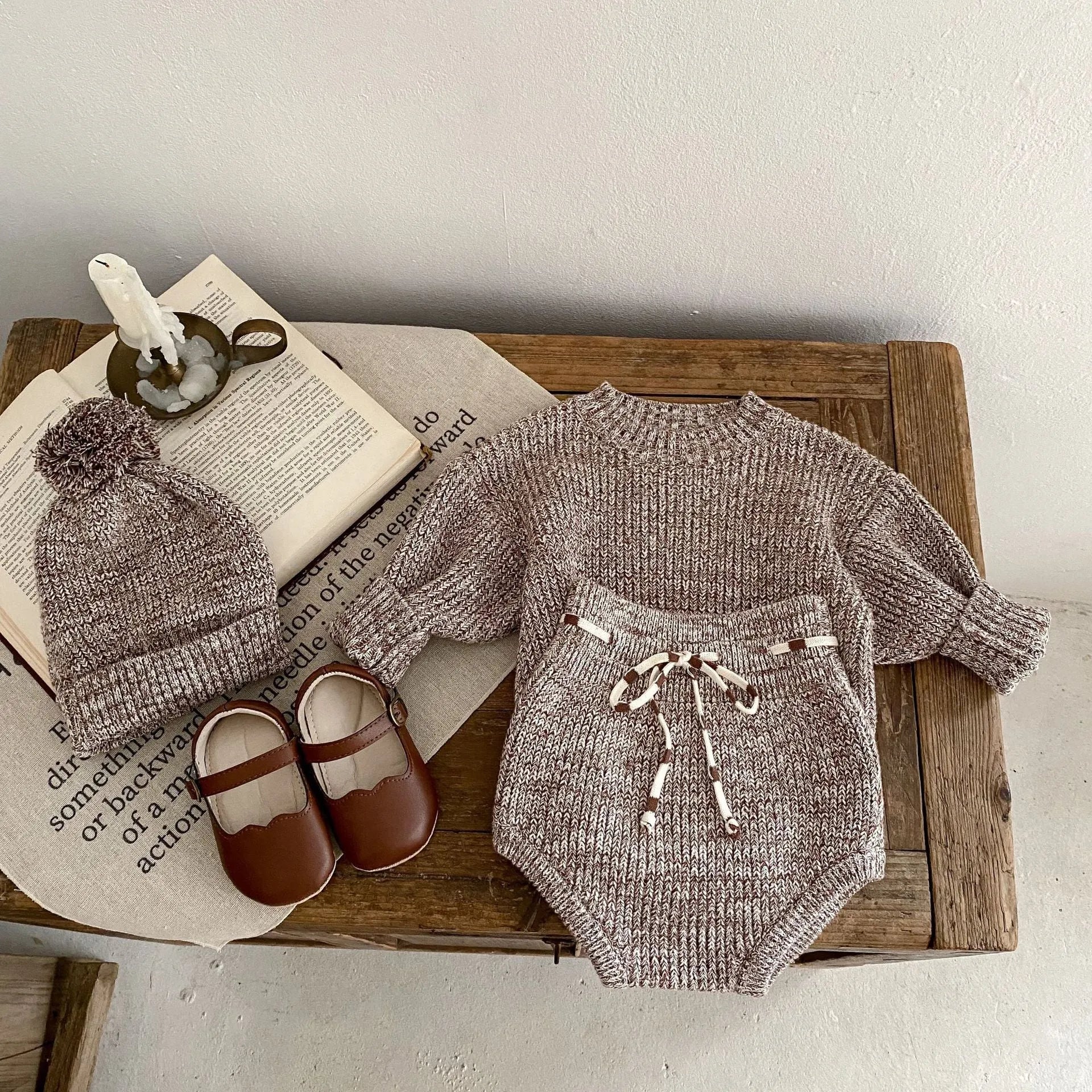 Dark brown baby girl knitted pullover set with matching shorts and fur-ball hat