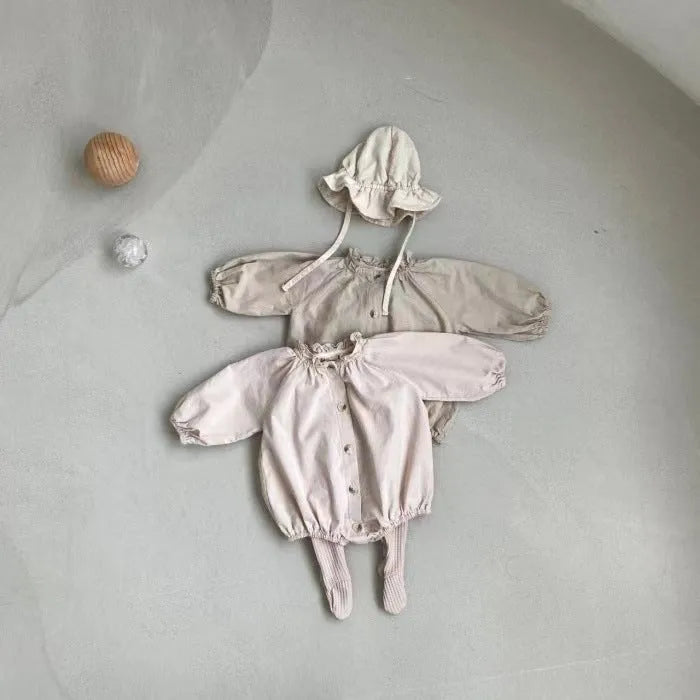 Cotton long sleeve jumpsuit romper with wooden buttons for baby girls in light lotus pink and khaki