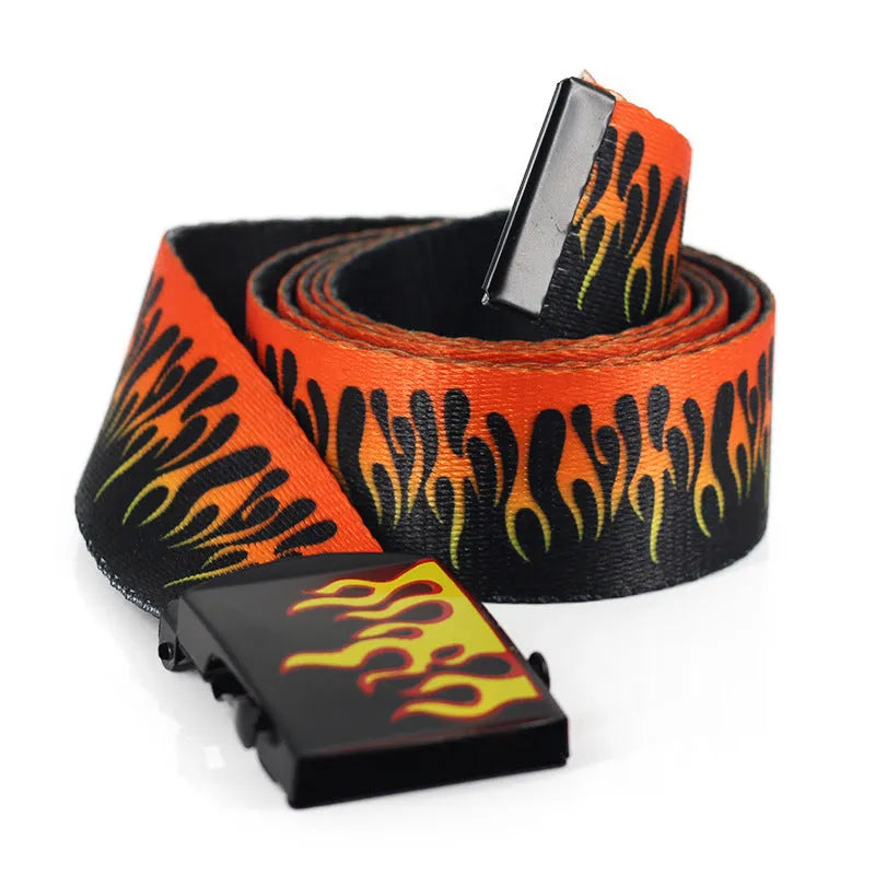 Flame print canvas belt with woven silk, iron oval buckle, single loop, 3.8cm wide, multicolor.