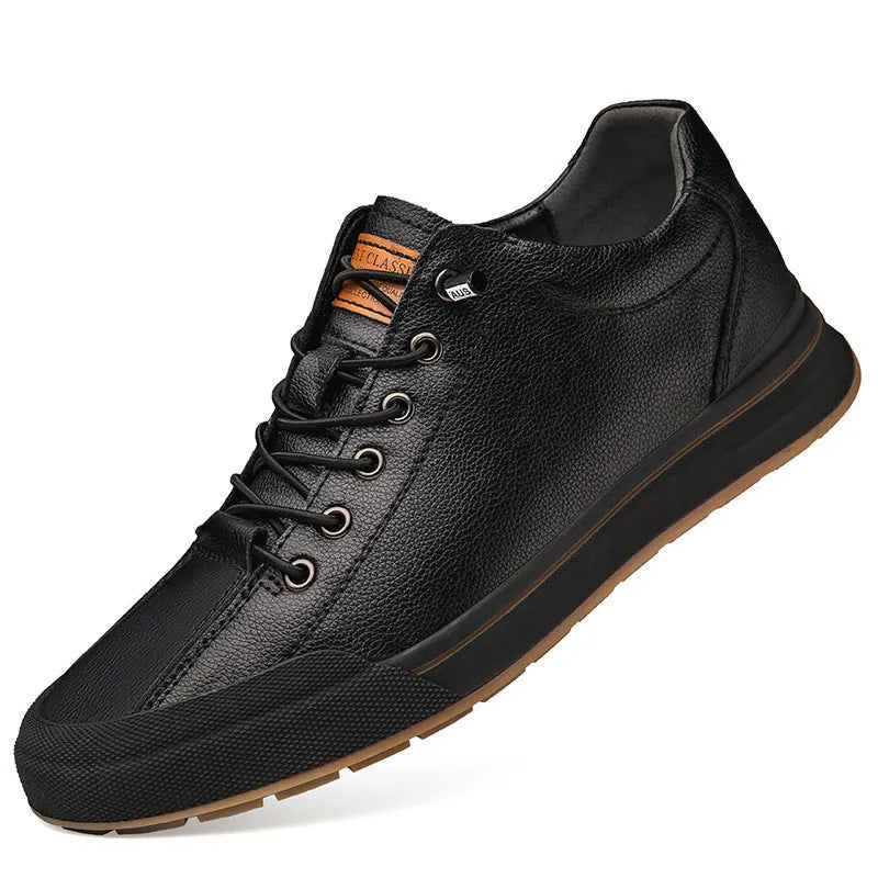 Men's round-toe casual shoes in matte leather, showing flat heel and breathable design on a white background.