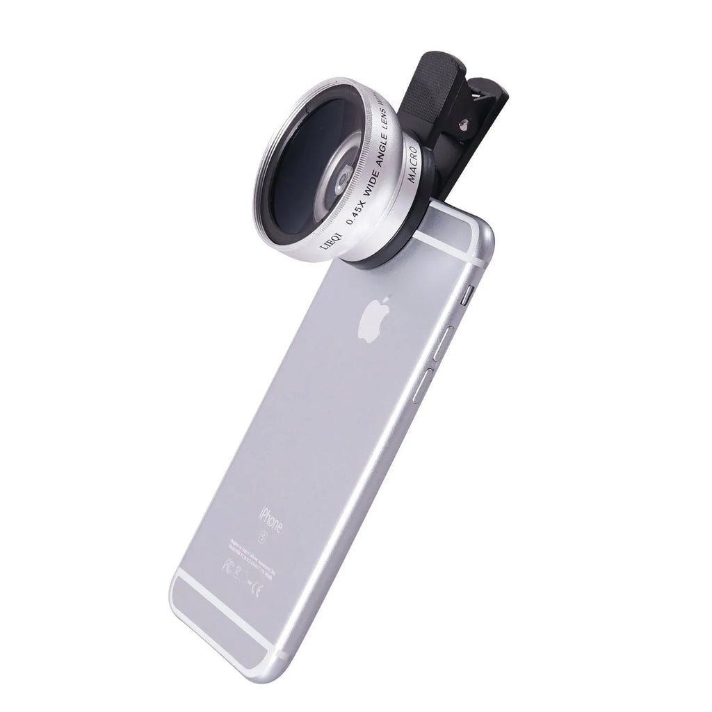 LIEQI silver wide-angle and macro smartphone camera lens with clip mount