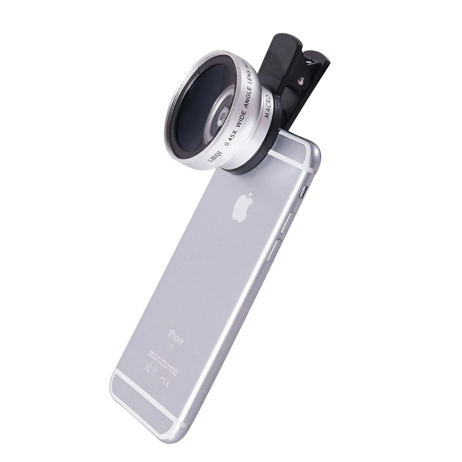 LIEQI silver wide-angle and macro smartphone camera lens with clip mount