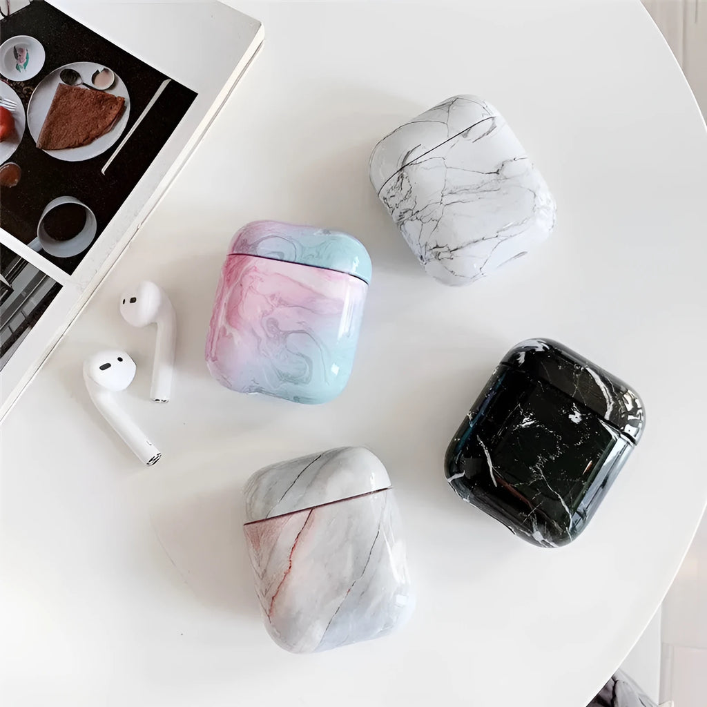 White marble hard PC protective case for Apple AirPods 1 and 2 wireless earphone charging box.