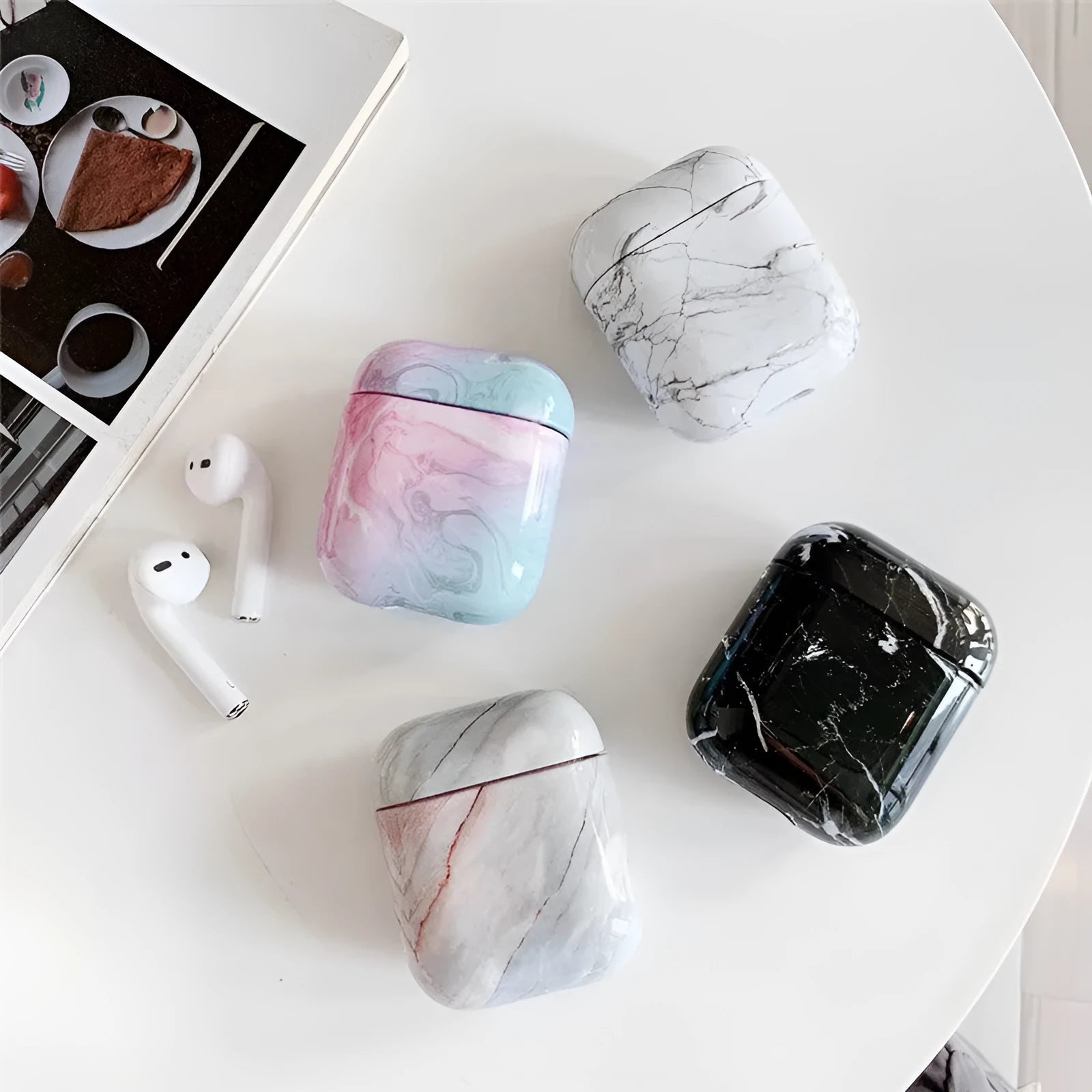 White marble hard PC protective case for Apple AirPods 1 and 2 wireless earphone charging box.