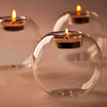 Handmade round hollow glass candle bowl in European style, shown in 8cm, 10cm, and 12cm diameter options.