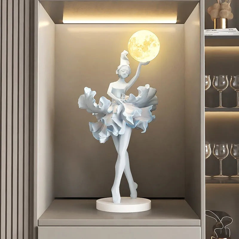 Girl's art decoration small night lamp resin ballet dancer pink colour on wine cabinet table