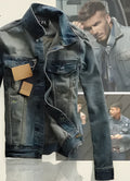 Men's blue denim jacket and jeans set in sizes S to XXXL with long sleeves and detailed size chart.