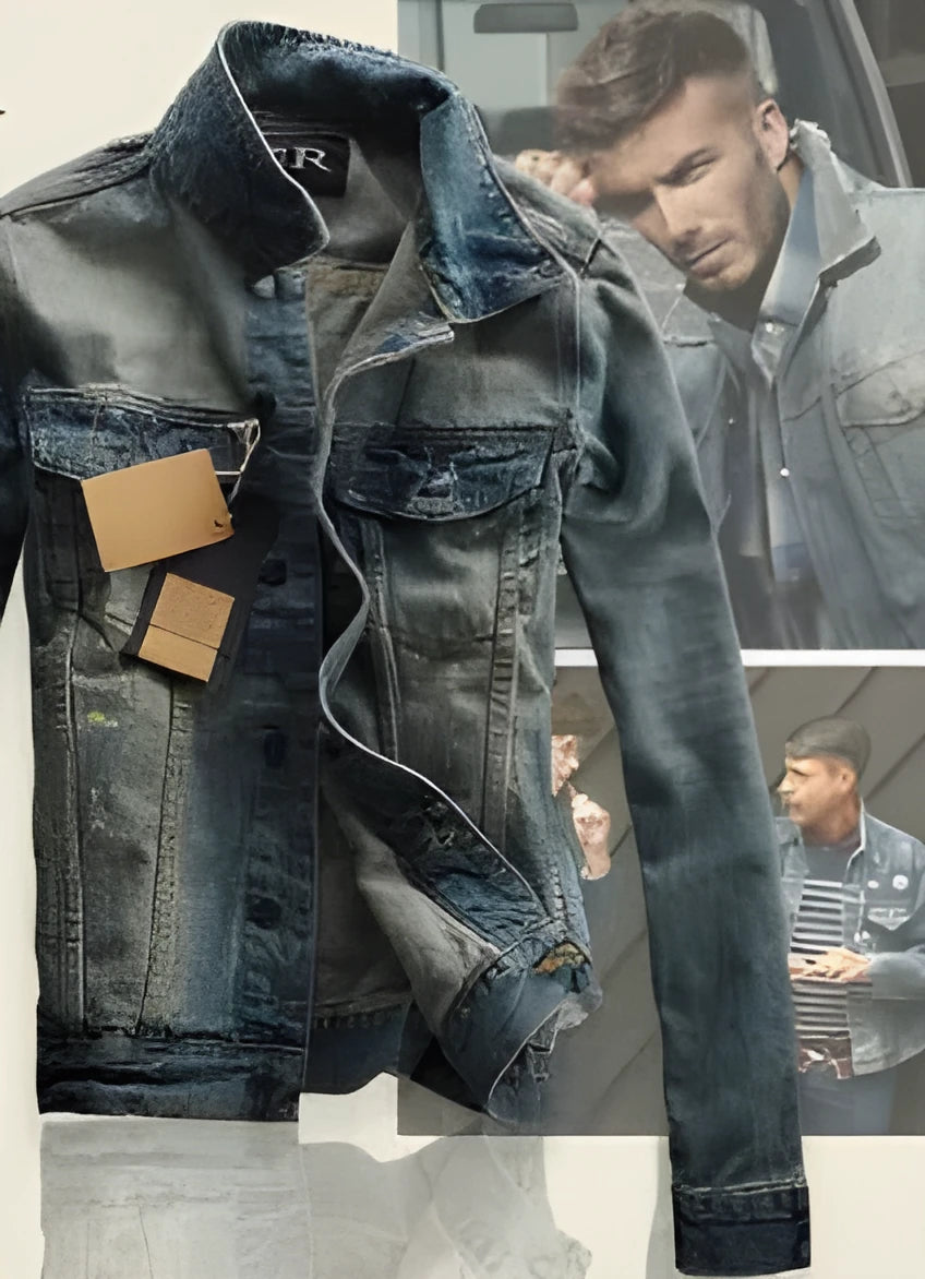 Men's blue denim jacket and jeans set in sizes S to XXXL with long sleeves and detailed size chart.