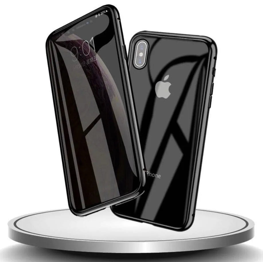 Anti-spy clamshell iPhone case in aluminium and glass, shown in black, silver, red, gold, green, and blue colour options.