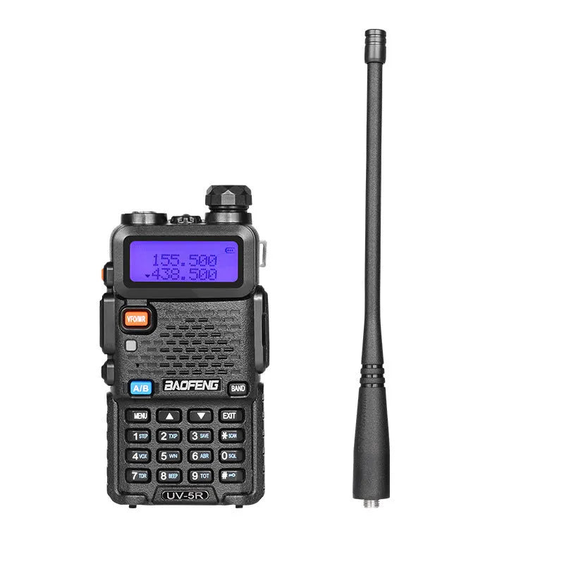 A black dual-band walkie talkie with antenna, showing its compact 110x58x32 mm size.