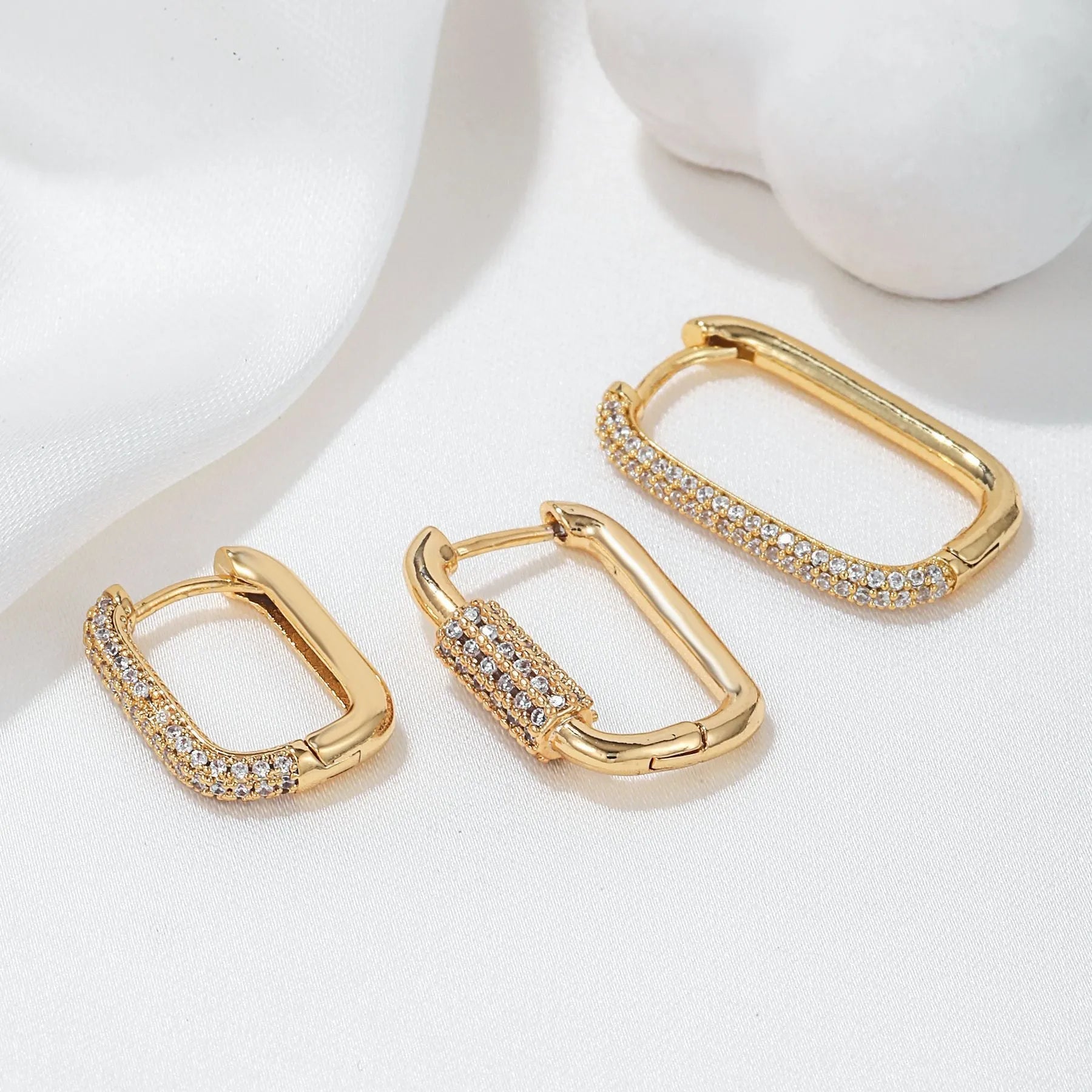 Geometric copper ear clip set with micro inlaid zircon detailing in gold and white colour options