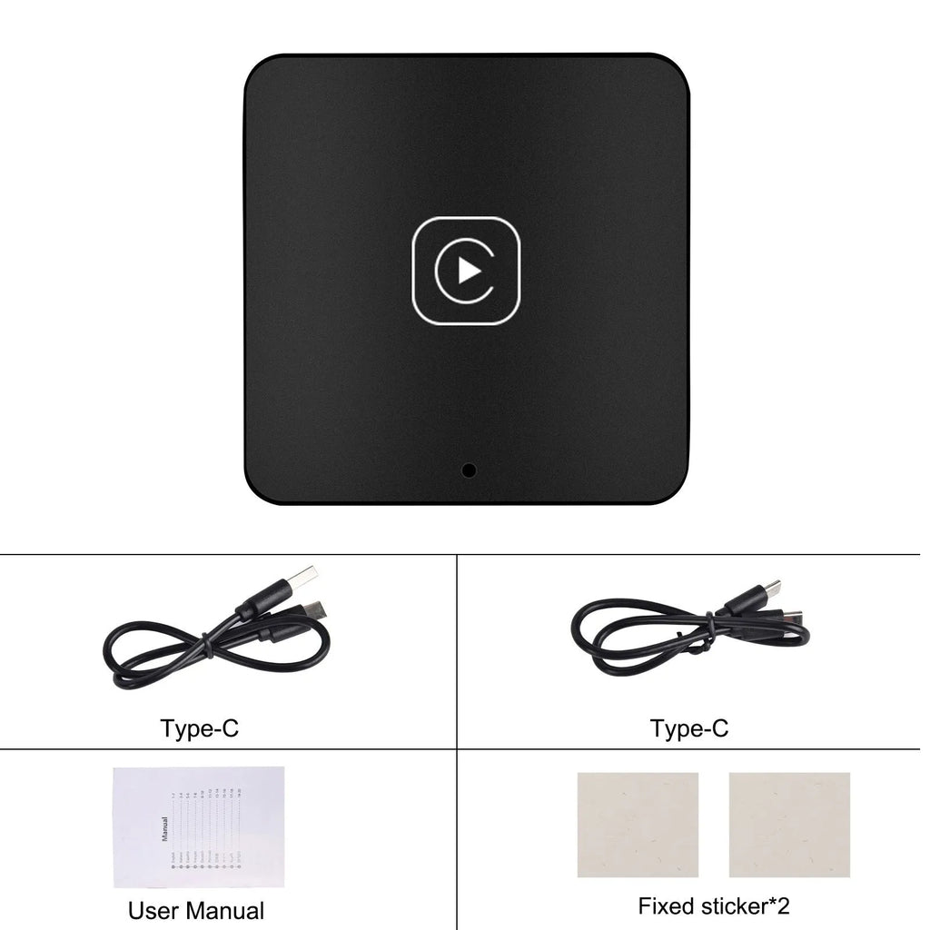 Black wireless CarPlay module with connection cables for converting wired car systems to wireless operation