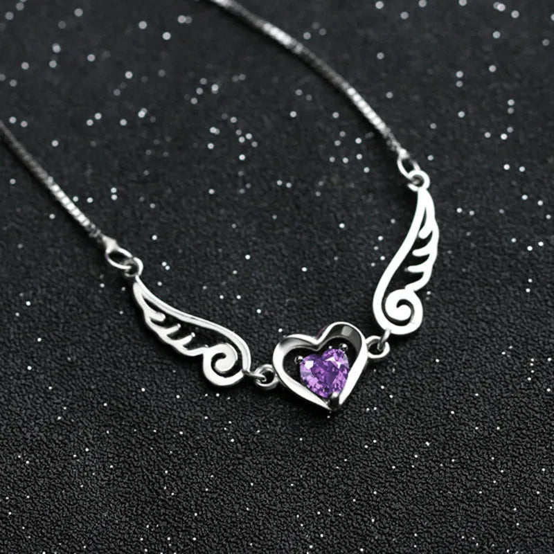 925 sterling silver angel wings pendant necklace with purple crystal heart on 45cm link chain