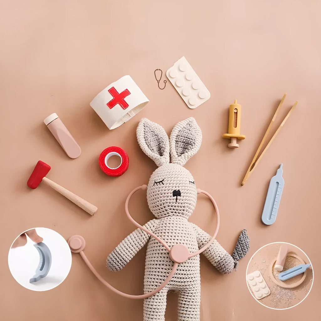 Wooden toy doctor stethoscope with silicone earpieces for children's pretend play
