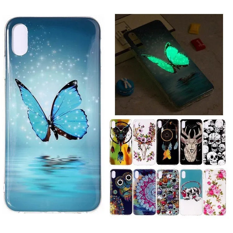 Luminous phone case with cartoon butterfly design for iPhone, glowing in low light.