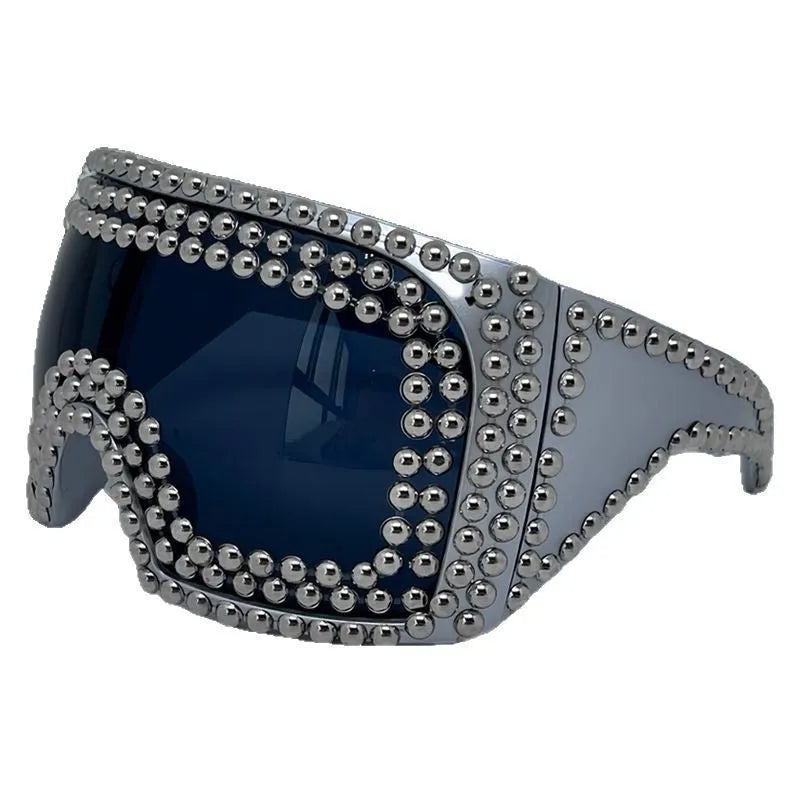 Men's personality punk sunglasses with a super large square frame and silver rivet details.