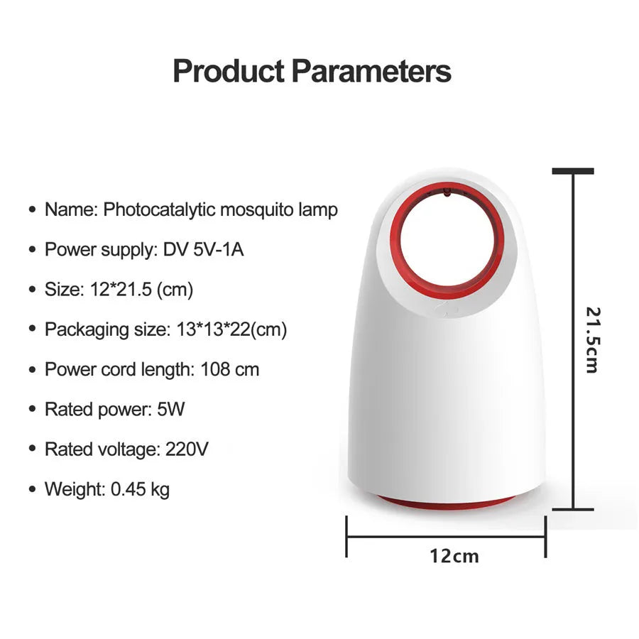 Black or white household silent mosquito killer with USB cable, dimensions 12x12x21.5cm
