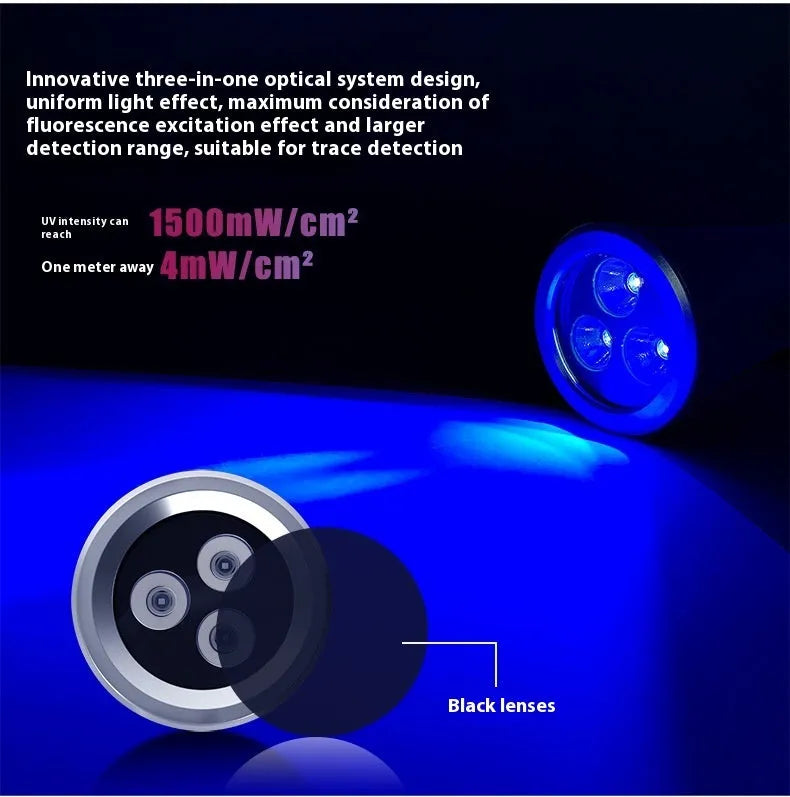 Aluminium UV flashlight for detecting pet urine stains and insect residues with USB-C charging port