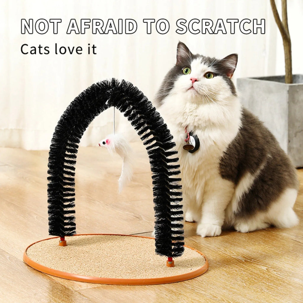 Black arch-shaped cat scratch post with rubbing surface and attached plush mouse toy