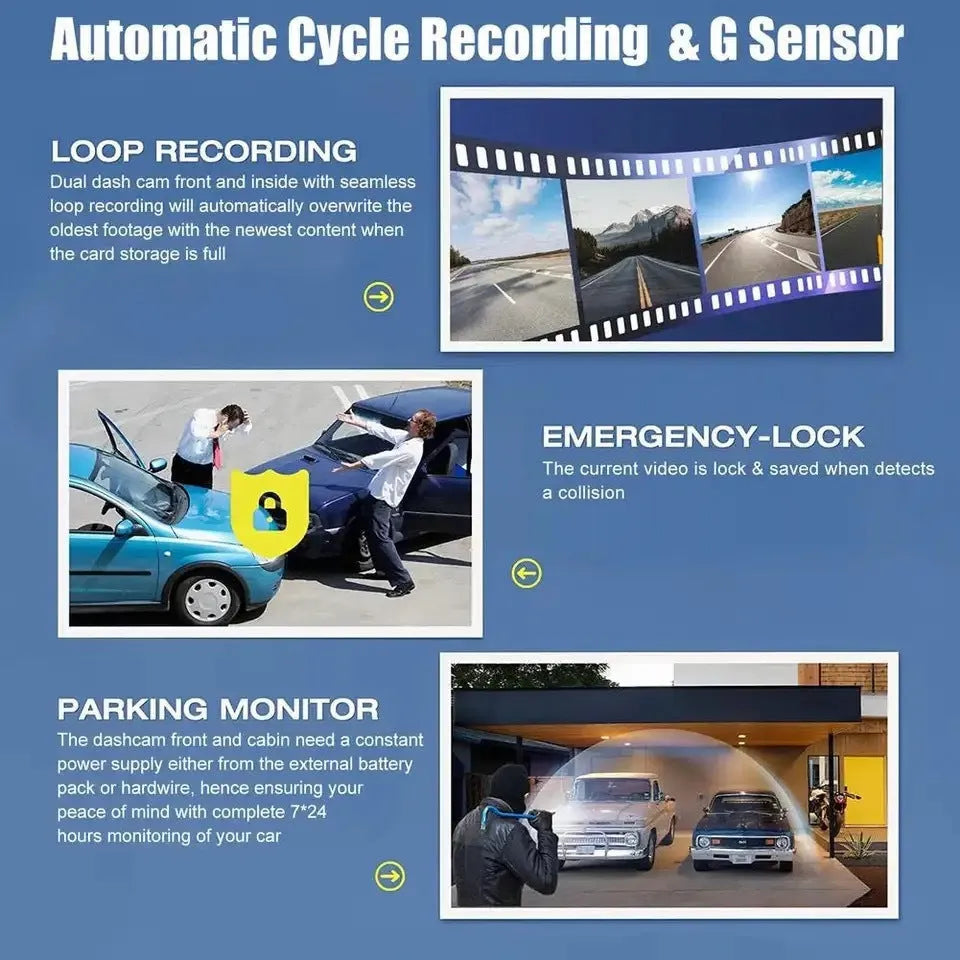 Black G50 dash cam with 3-inch touch screen shown mounted on a car windshield.