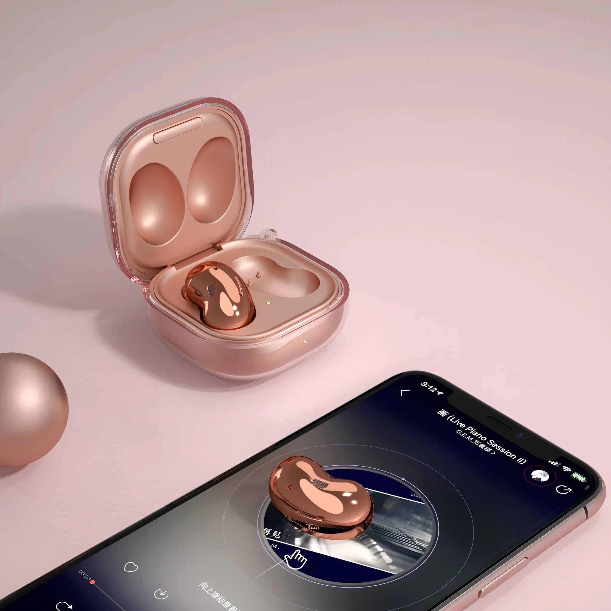 Bluetooth transparent ear case showing four colour variations: clear, gold, black, and purple