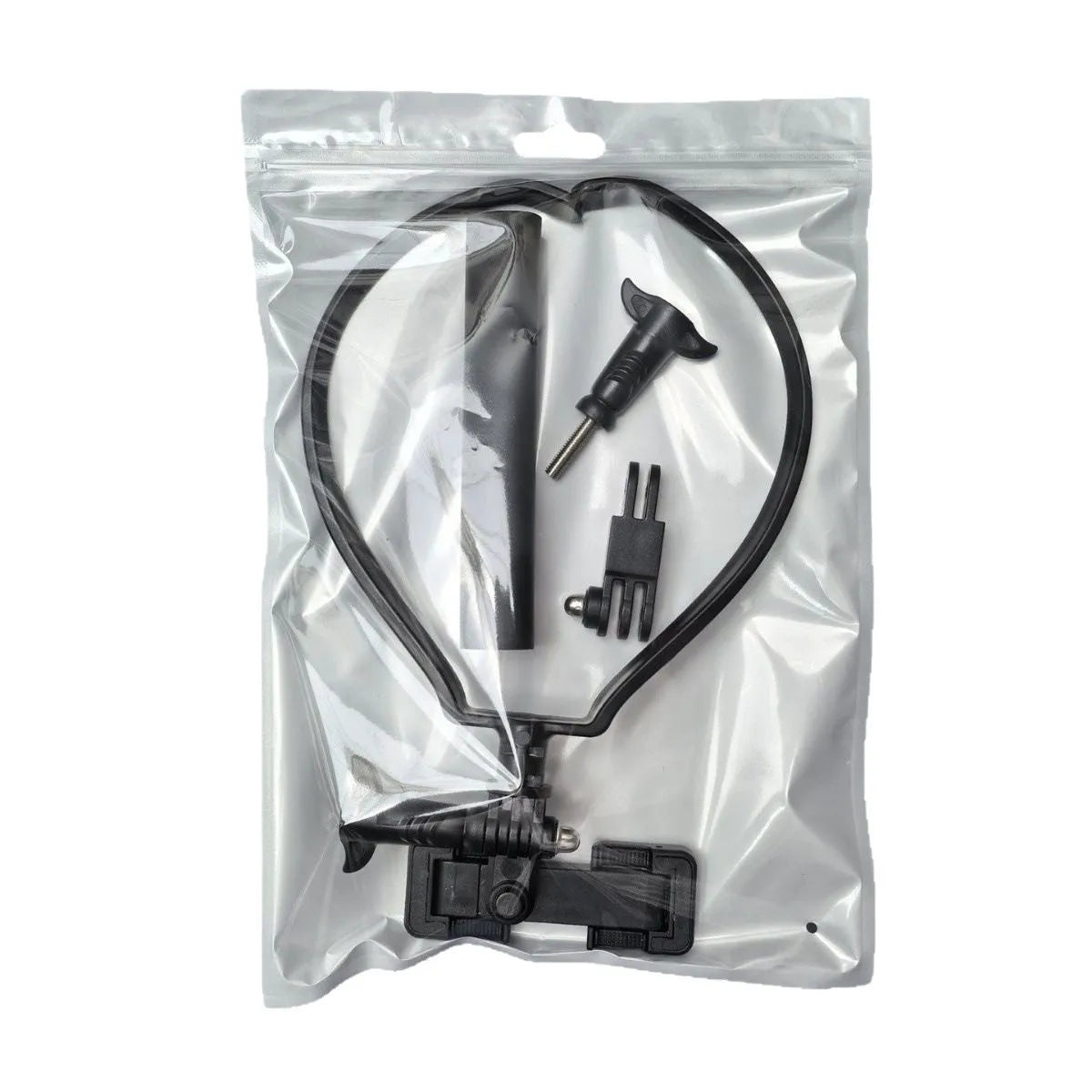 Universal plastic cell phone neck hanging bracket in black with horizontal and vertical clip, extension, and anti-slip cushion